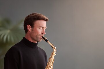 Naklejka premium portrait of saxophonist blowing into sax under smoky jazz club ambiance