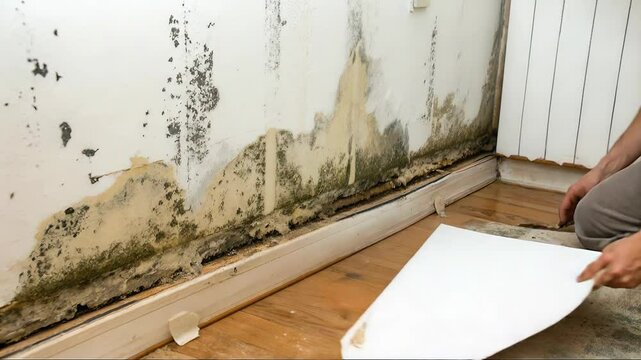 Man removing moldy wallpaper to reveal damp wall in home renovation process