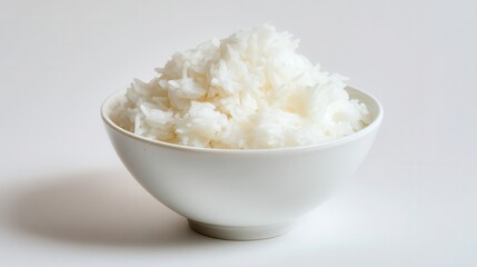Fluffy white rice in a white bowl.