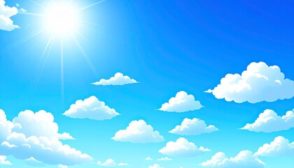 青空に輝く太陽と白い雲が美しく広がる爽やかな空の風景
