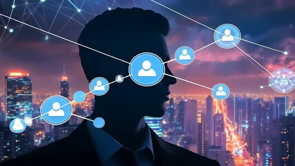 Silhouette of a business professional against a city skyline, symbolizing networking and technology - Powered by Adobe