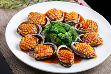 Seafood sashimi live abalone in rectangular white porcelain plate