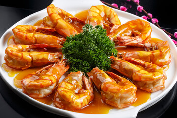 Kung Pao large shrimps on a white porcelain plate