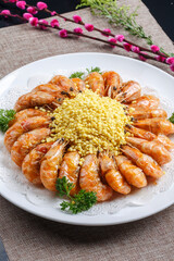 Kung Pao large shrimps on a white porcelain plate