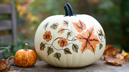 Decorated white pumpkin with small pumpkin and autumn leaves.