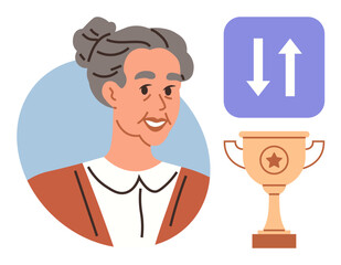 Smiling elderly woman in formal attire beside a trophy and performance rating icon. Ideal for achievement, recognition, senior success, experience, accomplishment, career growth, self-esteem