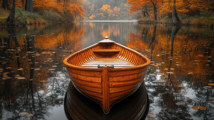 Autumnal scene of a wooden rowboat on a calm river.