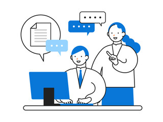 Concept: Office Work Life. Cartoon character heads of People working in offices. Close-up illustrations of Job Training.