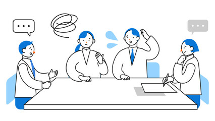 Concept: Office Work Life. Cartoon character heads of People working in offices. Close-up illustrations of Struggling in a Meeting.