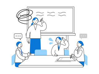 Concept: Office Work Life. Cartoon character heads of People working in offices. Close-up illustrations of Struggling in a Meeting.