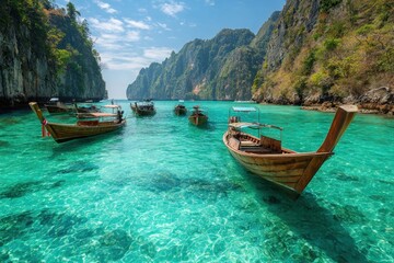 Obraz premium Turquoise water, wooden longtail boats