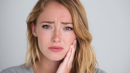 Naklejka premium Young adult woman with visible tension and dental pain, soft lighting and