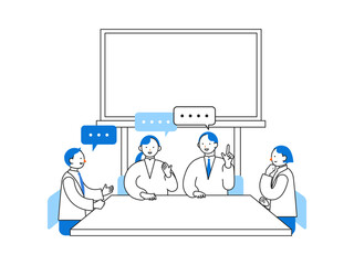 Concept: Office Work Life. Cartoon character heads of People working in offices. Close-up illustrations of Office Brainstorming.