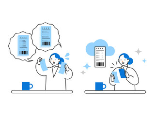 Concept: Office Work Life. Cartoon character heads of People working in offices. Close-up illustrations of Mobile Expense Management.