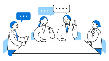 Concept: Office Work Life. A collection of cartoon character heads of People working in offices. Close-up illustrations of Business Meeting.