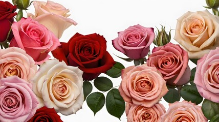 Obraz premium Fresh Red and Pink Roses Border on White – Elegant Floral Frame for Romantic Design, Wedding Decor, Valentine's Day, and Botanical Beauty Themes
