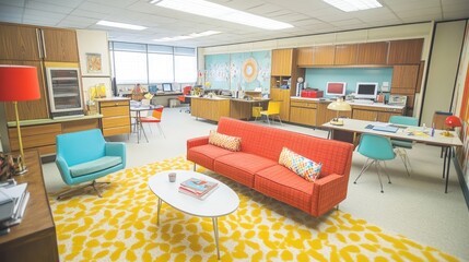 Retro office space with vibrant colors and mid-century furniture.