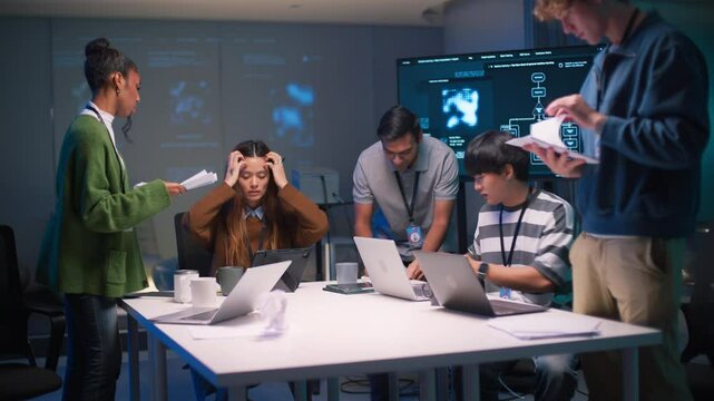 Timelapse of dynamic teamwork in diverse startup office night, programmers, developers, and business leaders brainstorming, coding, presenting reports, Businesspeople working hard, Creative workplace