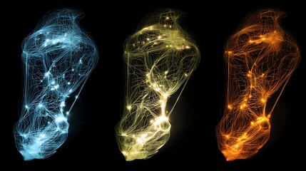 Three abstract, glowing, interconnected neural network representations in blue, yellow, and orange against a black background.