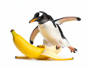 Fototapeta premium Clumsy Penguin Cartoon Slipping on a Banana Peel