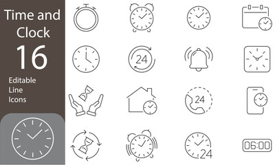 Fototapeta premium Time and Clock Editable Line Icons Set. Timer, Speed, Date, Countdown, Alarm, Recovery, Time, clock, watch and more. Vector illustration