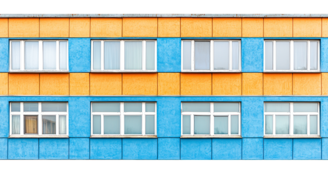 Building facade with rectangular windows, bright panels