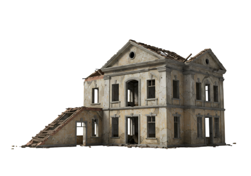 Derelict Victorian House: Architectural Ruin Isolated on White