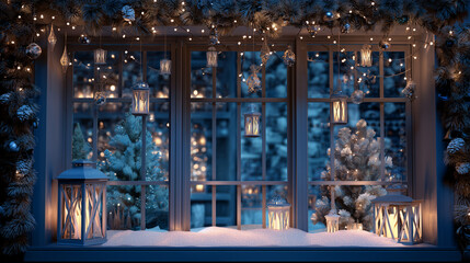Christmas decorations on a winter holiday window. Frozen evening window, garlands, lanterns, Christmas tree. Holiday and fun atmosphere. Dark festive interior. 3D ...


