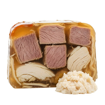 A Glistening Slice of Ukrainian Kholodets a Savory Jellied Meat and Broth Aspic Dish on isolated transparent background