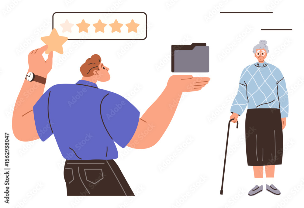 Poster man evaluating service quality with a star rating beside elderly woman with a cane and file folder. 