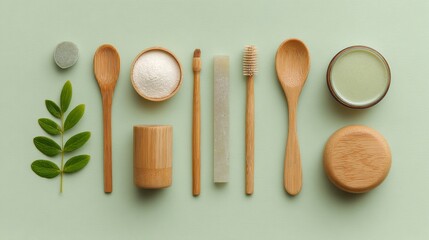 Top view of natural organic cosmetic items style and makeup tools on light green background