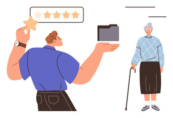 Man evaluating service quality with a star rating beside elderly woman with a cane and file folder. Ideal for feedback, caregiving, elderly support, customer satisfaction, evaluation, reviews