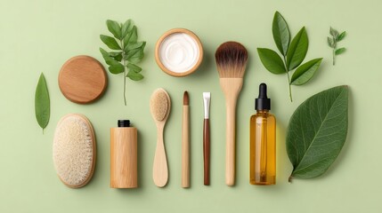 Top view of natural organic cosmetic items style and makeup tools on light green background