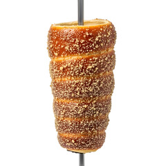 A Golden-Brown Hungarian Kürtőskalács a Sweet Spit-Roasted Chimney Cake with Walnuts on isolated transparent background