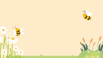 Flower background with bees hovering around yellow wildflowers on soft orange backdrop for nature themes