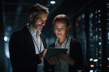 Two professionals in a server room