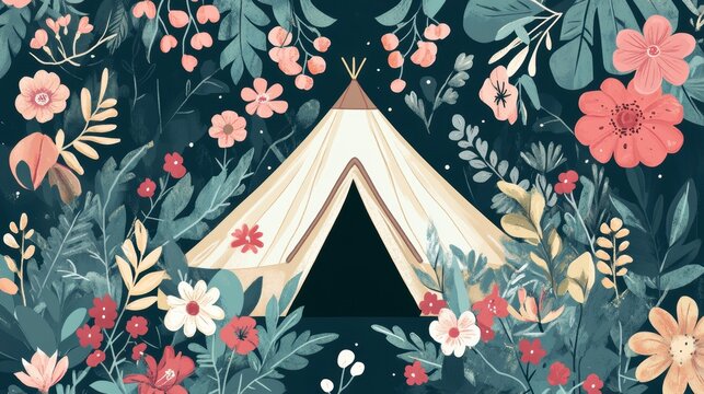 Floral teepee nestled among blooming flowers and foliage.