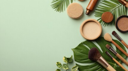 Top view of natural organic cosmetic items style and makeup tools on light green background