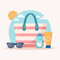 Obraz premium Summer Essentials Beach Bag, Sunglasses, Sunscreen, and Sun Protection