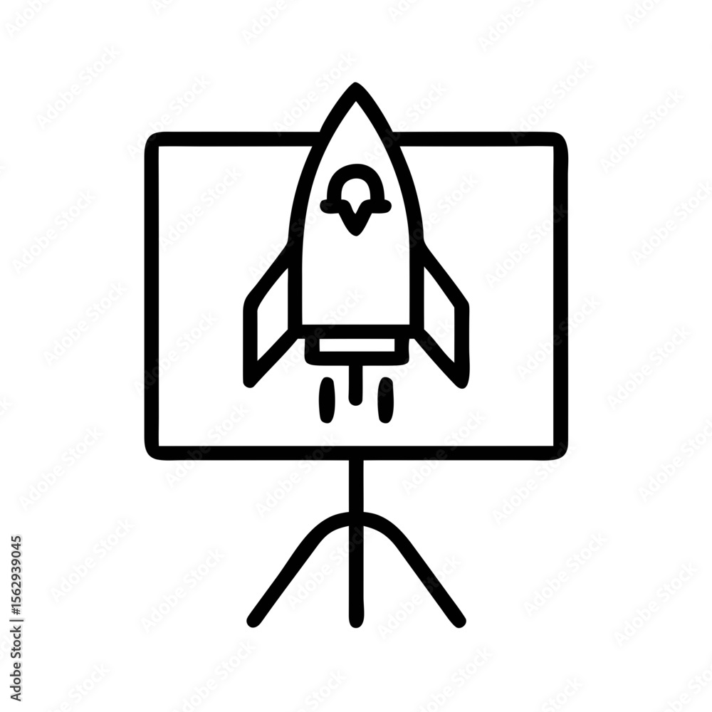 Poster rocket launch presentation icon in minimal line style for startup and innovation