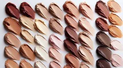 Swatches of various shades of makeup foundation and eyeshadow