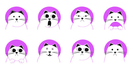 Fototapeta premium Cartoon cat faces in purple hoodie showing emotions and expressions, isolated comic animal heads, Vector Illustration