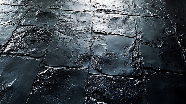 Polished black slate stone floor surface with angular pieces and a dramatic lighting effect