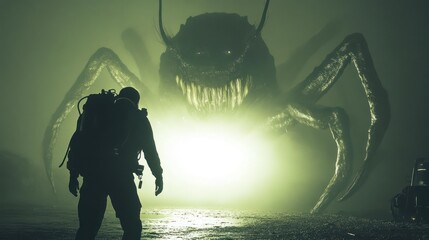 Silhouette figure facing monstrous creature