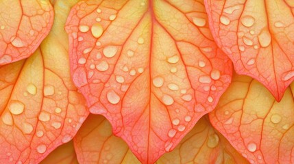Obraz premium Close-up of Dew-Kissed Autumn Leaves: Vibrant Colors, Delicate Veins, and Texture