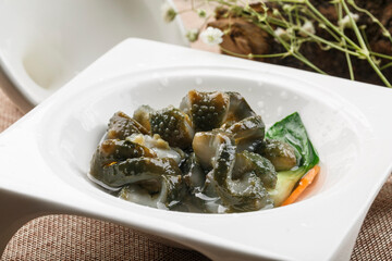 Seafood surf live sea cucumber sashimi in white square porcelain plate