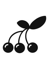 Black silhouette of three cherries with stems and leaves.
Simple illustration: three dark berries on a single branch.
Minimalist icon of a cherry cluster with leaves.
