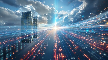 Cityscape digital connection concept data stream