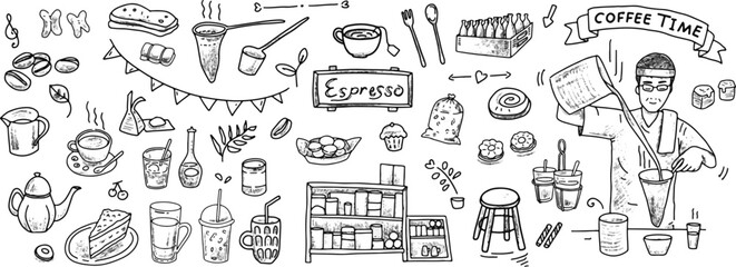 Coffee vector hand drawn set. Collections of doodle traditional cafe illustration. Morning hot drink cartoon objects isolate on background.
