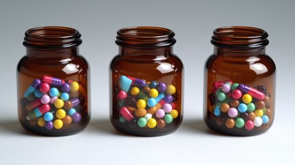 Three amber glass jars filled with assorted colorful pills and capsules